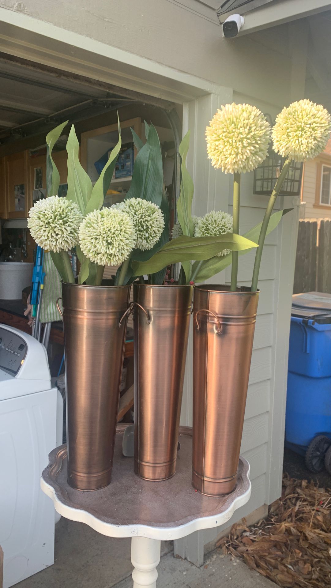 3 brass colored vases for decor including flowers