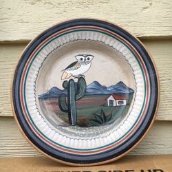 Mexican tonala WHITE OWL signed MEXICO hand painted folk art plate of white owl