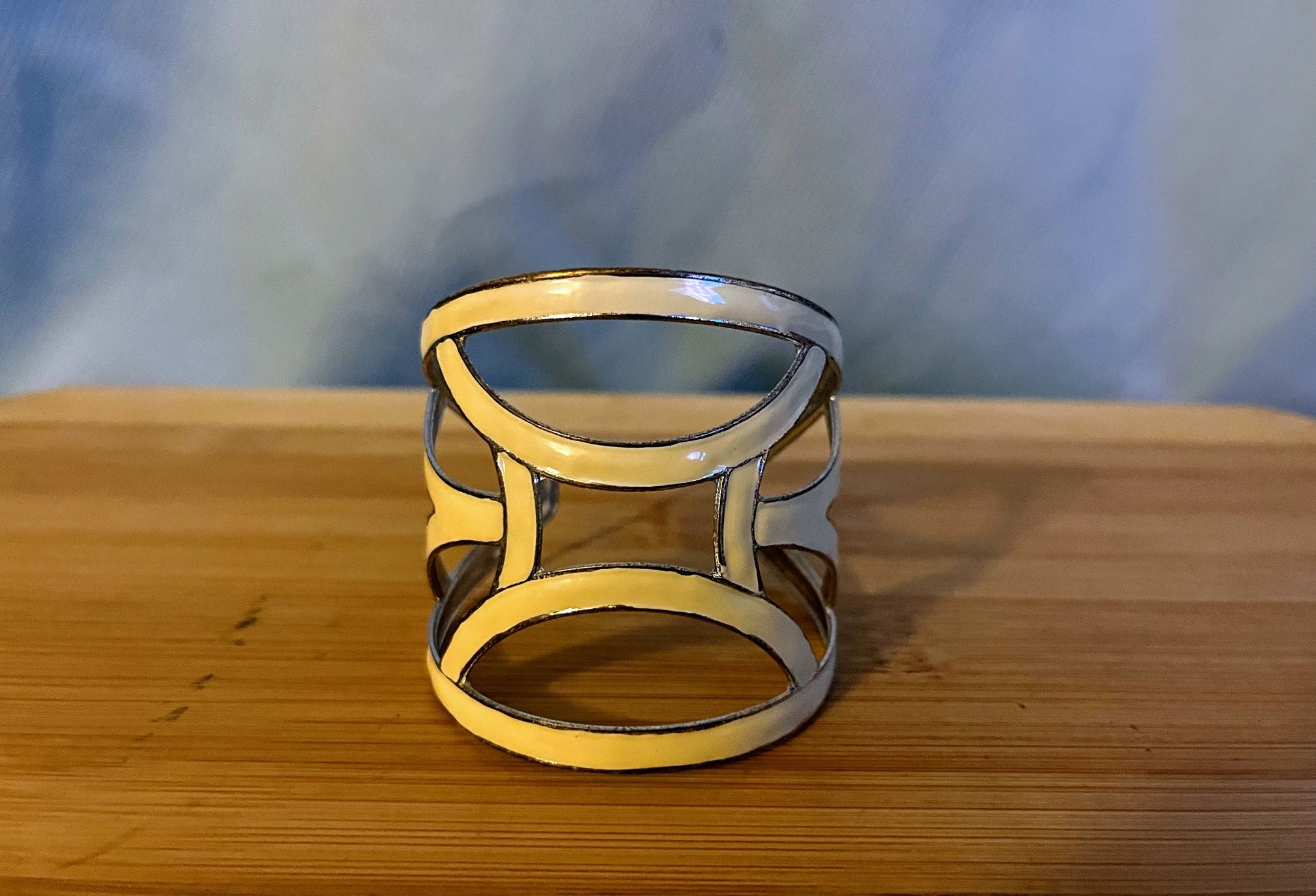 Vintage 80s 90s Cream Enamel Open Geometric Cuff Bracelet