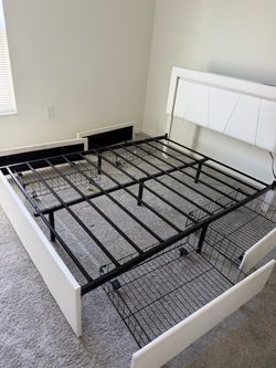 Full Size Modern White Upholstered Bed Frame with Storage Drawers & Built-in Charging Station