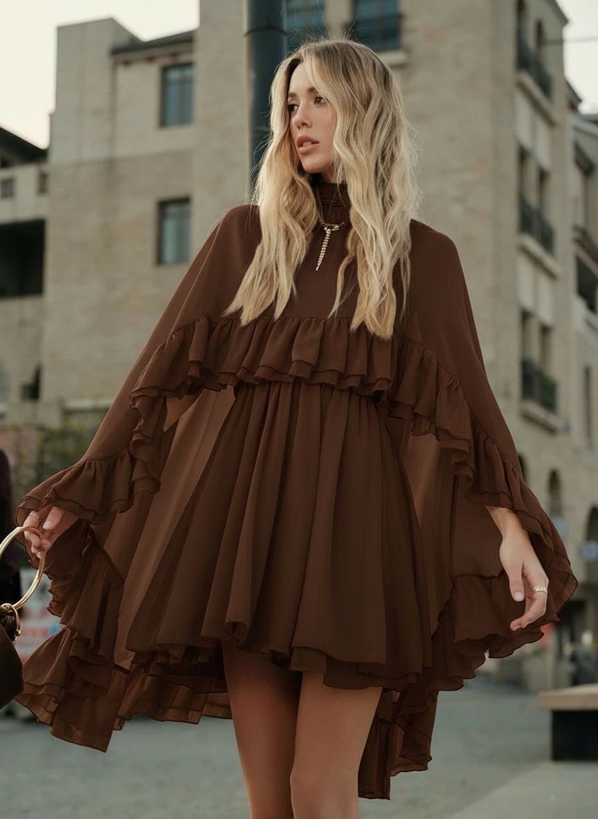 Commense Semi-Sheer Chiffon Ruffle Dress With Outer Cape