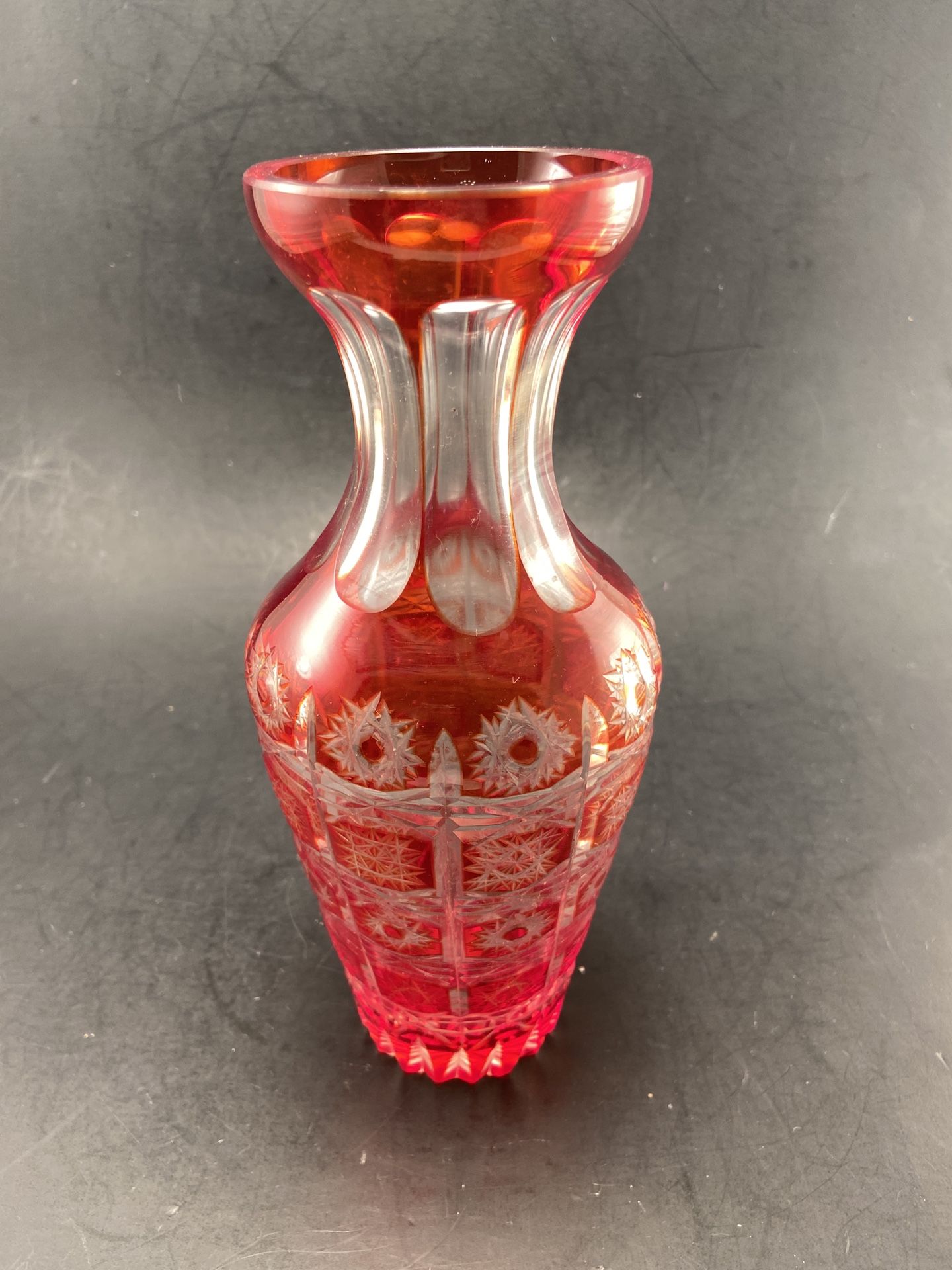 Gorgeous Vintage Cut To Clear Red Bohemian Glass Vase