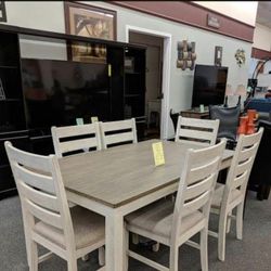 Skempton White/Light Brown Dining Table and Chairs (Set of 7) 639