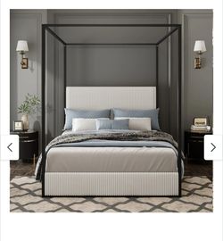 Modern Luxury Metal Canopy Bed with Tall Upholstered Headboard & Four Poster. Sell with Mattress too