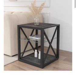 New 1x Modern End Table Nightstand for Bedroom & Living Room, Tempered Glass& Rustic Wood Grain MDF, Industrial Style Side Table