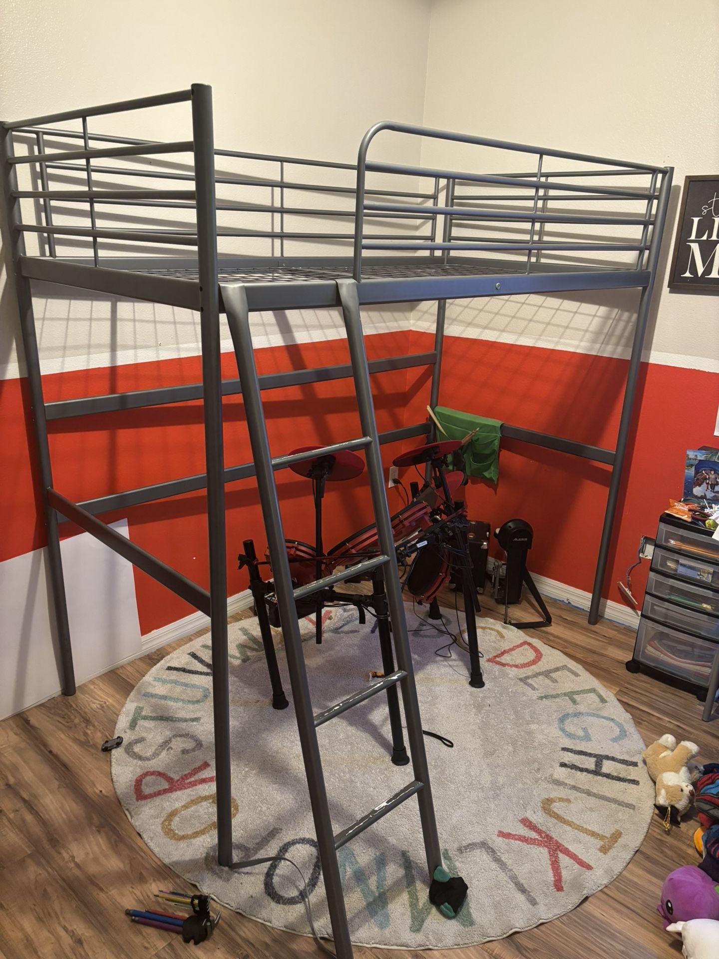 Twin Size Loft Metal Bed Frame With Safety Guardrail And Ladder