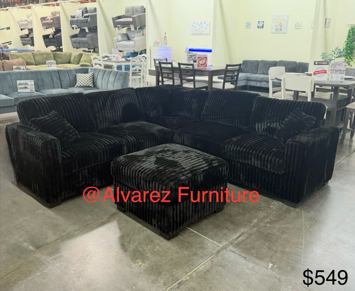 Black Corduroy Sectional Sofa With Ottoman 