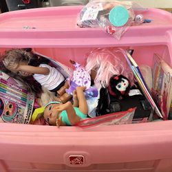 Pink Toy Box With Shoes Toys, Crayons, Dolls, Playdoh Need It Gone My Kid Has No Use For Them Maybe It Can Help Someone Out (FREE FREE FREE)