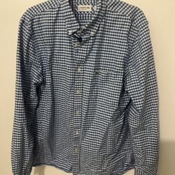 Lacoste Men's Blue and White Gingham Button-Down Shirt