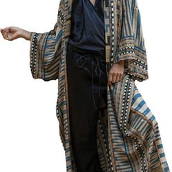 Women's geometry Print loose Open Front Soft long kimono cardigans