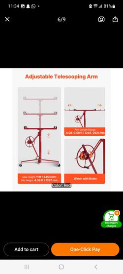 11ft Drywall Lift 150 lbs Sheetrock Hoist Adjustable Arm Lockable Wheels Red