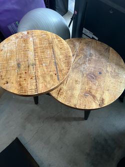 Round Wood Side Tables with Dark Legs – Set of 2