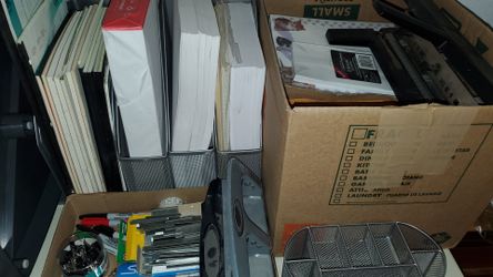 Large collection of office supplies and equipment, paper products, stationery, envelopes etc