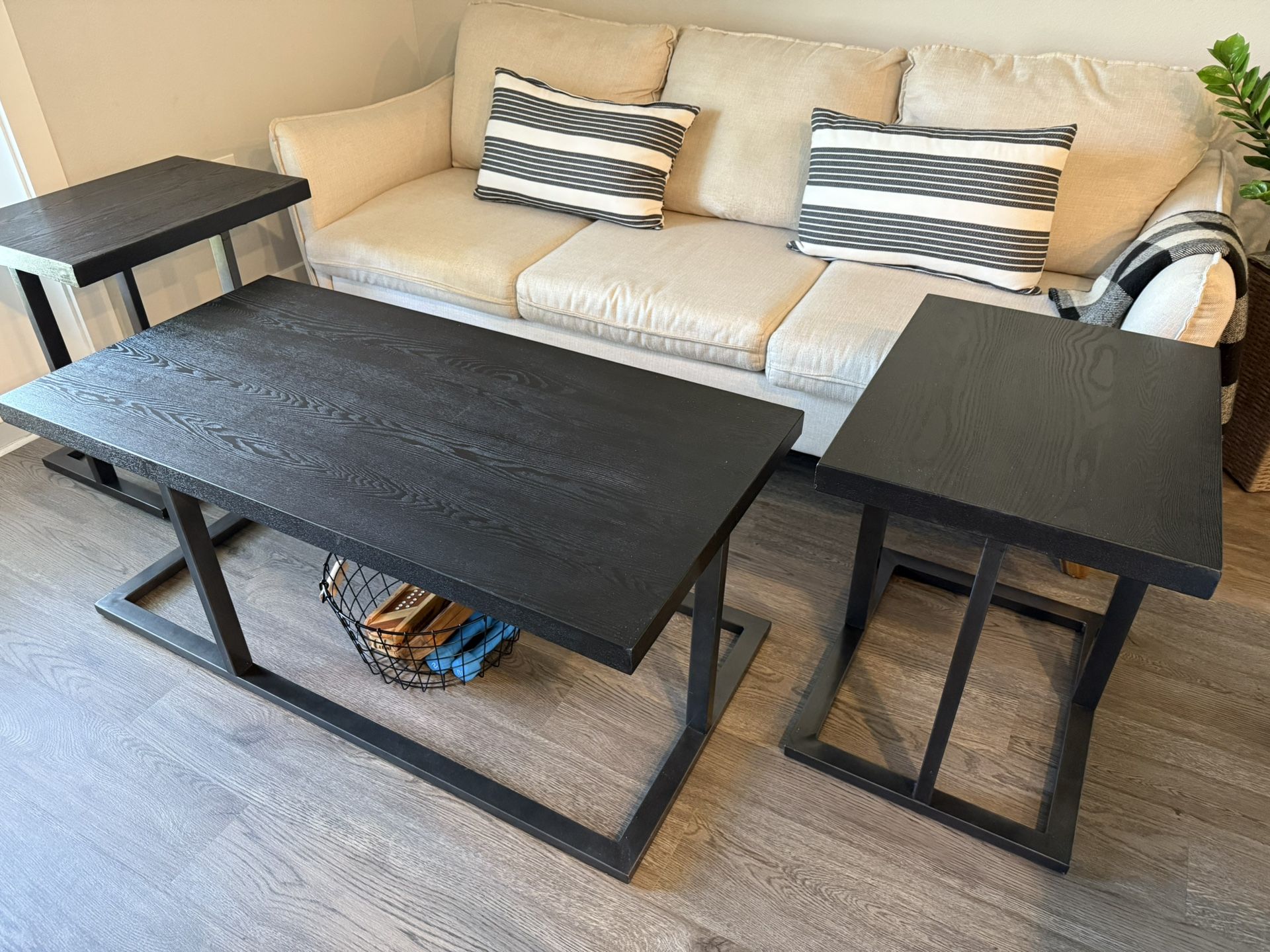 Wood Metal Coffee and Side Table Set (3)