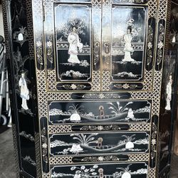 Asian Black Lacquer Corner Cabinet Tall