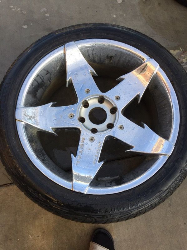 23 inch rims with tires 6 lug chevy pattern 6x5.5. Sale or trade for 5 lug wheels