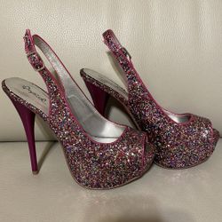 6.5 glitter women’s heel sling back open toe 5.5” pink green silver red rainbow