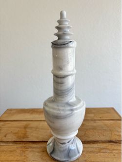 Vintage White Marble Decanter with Pagoda Stopper Heavy Gray Veining Stone Barware MCM Genie Bottle Vase Mid Century Modern Centerpiece Art