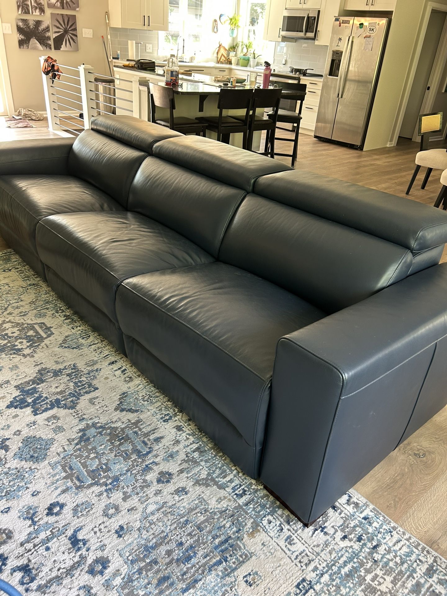 Blue leather, three-piece electric reclining sofa