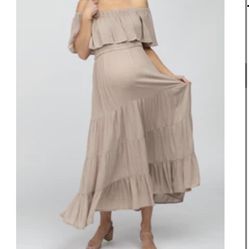 Pink Blush Taupe Off Shoulder Tiered Maternity Maxi Dress 
