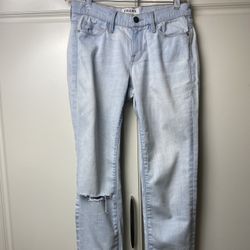 Frame, light denim, 26, women’s, Le skinny de Jeanne, distressed knee, raw hem