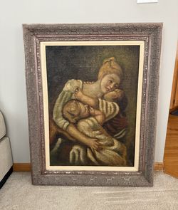Large Framed Oil Painting of Lady and Children 