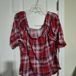 Red Plaid Blouse - Off-Shoulder & Puff Sleeves!