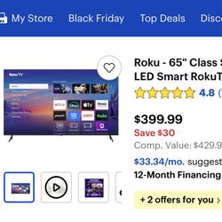 65” 4K Roku TV. Comes With $60 Wall Mount and Legs!