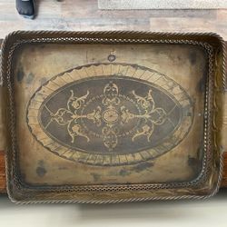 Castilian Imports Vintage Large Solid Brass Heavy Decorated Tray 21"X 16” X 4”