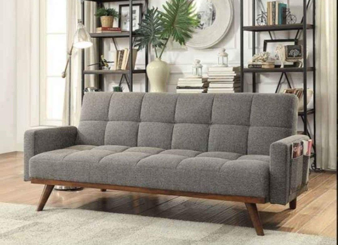 Brand New Grey Mid-Century Modern Futon Sofa Converts Into Bed