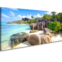 7933: Beach Wall Art Picture Wall Art Stone Coconut Trees on Sands Beach Seascape Scenery Painting Nature Picture, 48"L x 25"W