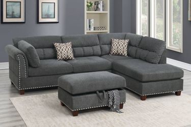 Brand new 107" x 76" grey velvet reversible sectional + storage ottoman