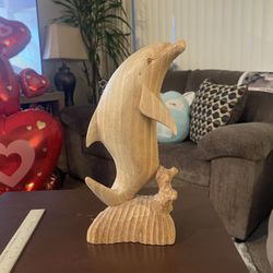 Title Suggestion: Hand-Carved Wooden Dolphin Statue/Sculpture - Coastal Decor