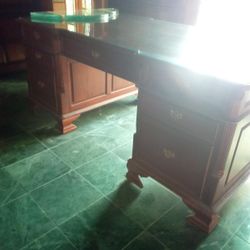 Vintage Solid Wood Desk With Glass On Top Of Wood
