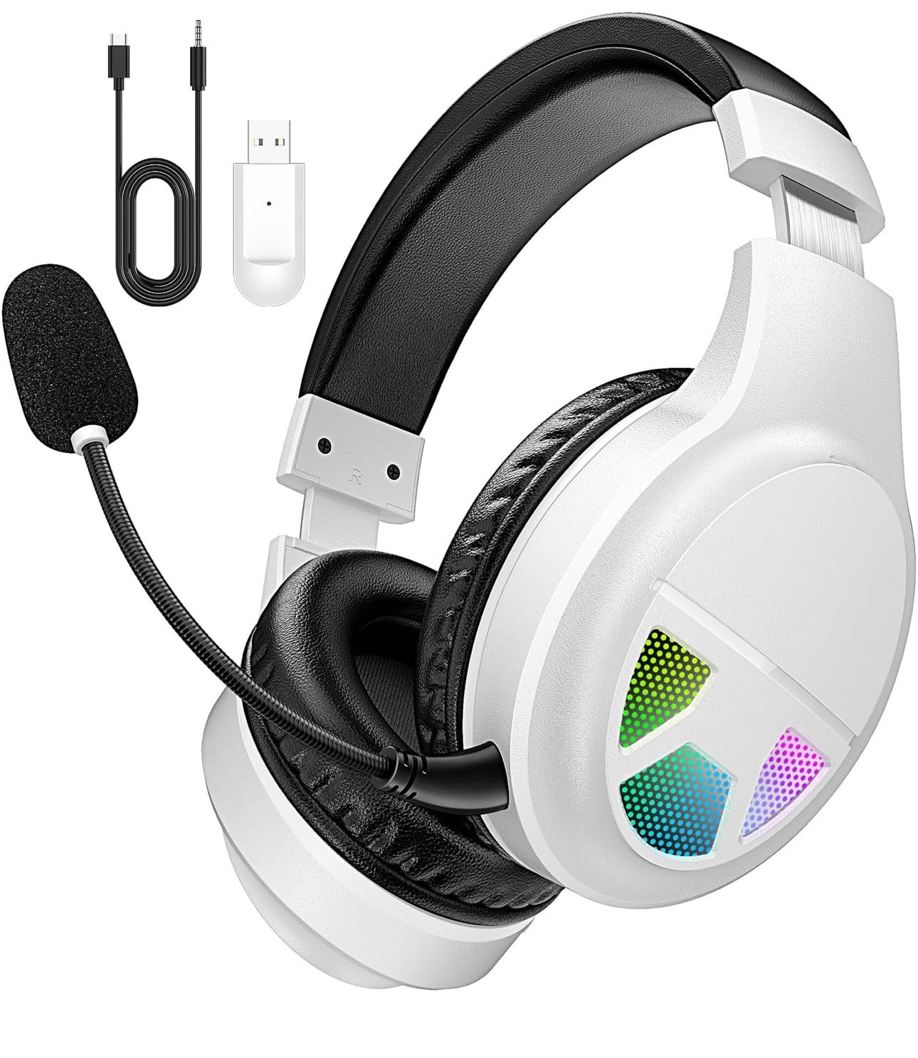 New 2.4GHz Wireless Gaming Headset for PC, PS5, PS4, Switch, USB Gaming Headphones with Noise Canceling Microphone, Bluetooth 5.4, RGB Lights, 60H Bat