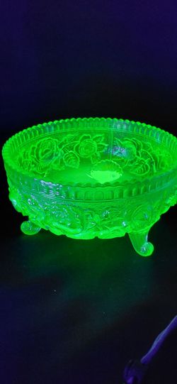Stunning Footed Imperial Luster Rose Helios Green Carnival Uranium Glass Bowl (Rare)