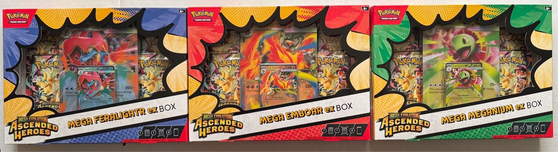 3 Pokemon TCG Ascended Heroes Mega ex Box Bundle Feraligatr, Emboar, Meganium