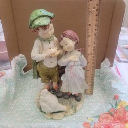 Beautiful Vintage Statue Armani Boy And Girl With Chickens