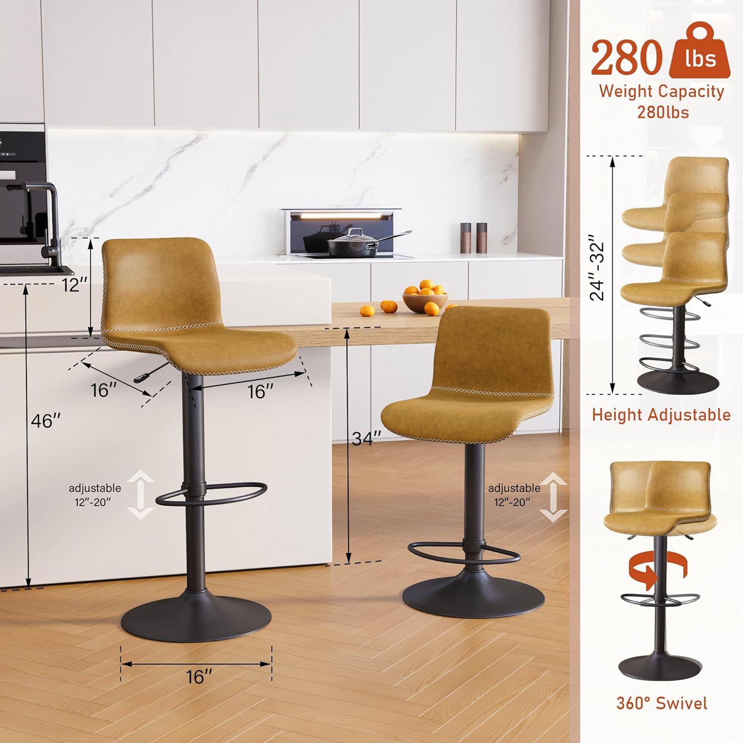 HeuGah Swivel Bar Stools Set of 3, Counter Height Bar Stools with Back