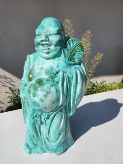 LARGE 19" Vintage Turquoise Glazed Ceramic Laughing Buddha Budai Statue With Fan Stunning,