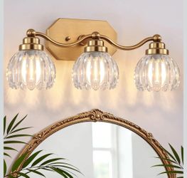 Bathroom Vanity Light, Gold Vintage Tulip Glass Shade, Antique Brass Finish
3 Light Brushed Gold Bathroom Light Fixtures, Crystal Wall Sconce, Mounted