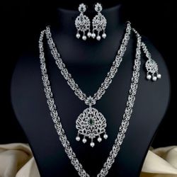 Beautiful Double Layer Cubic Zirconia Necklace Set with Earrings
