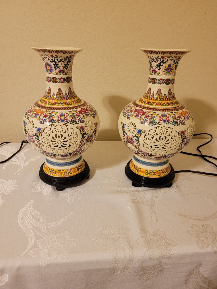 Pair Famille Rose Porcelain Pierced Ambient Lamps