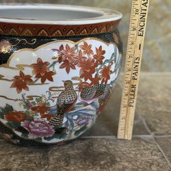 Vintage Chinoiserie Medium Porcelain Koi Fish Planter Bowl Cachepot 11"