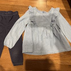 Sophisticated 5T Girls’ Outfit Set with Chic Denim Dress and Cozy Black Leggings