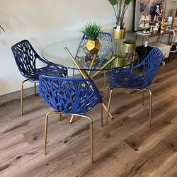 Navy Blue Gold Modern Glass Dining Set 
