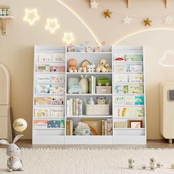 Kids Bookshelf Childrens Bookcase with 14 Sling Fabric Shelves, Book and Toy Organizer, Book Shelf Kids Room Nursery 129.5x35x120cm