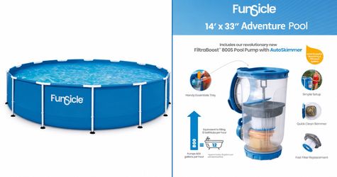 Brand new, 14ft Adventure Above Ground Metal Frame Swimming Pool, Includes FiltraBoost™ 800.