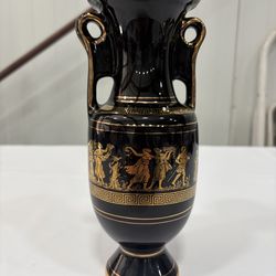 Vintage Greek Handmade Black Porcelain Vase - 24K Gold Gilded - Greco-Roman Figures