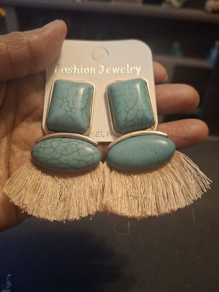 Turquoise Stone Tassel Dangling Earrings